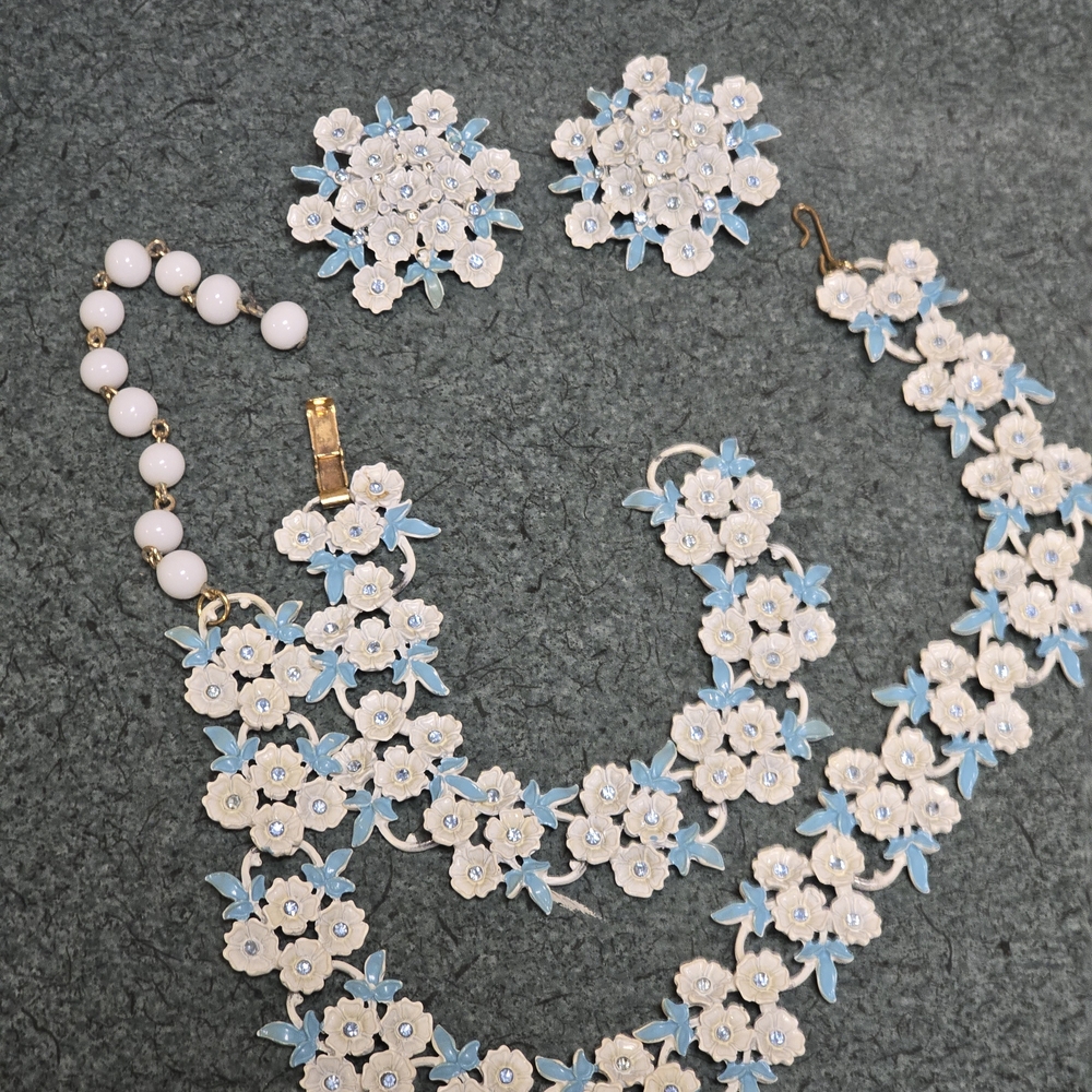 Vintage 1950s Floral Enamel Rhinestone Parure Set